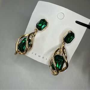 Emerald Color Green and Gold Dangle Earrings